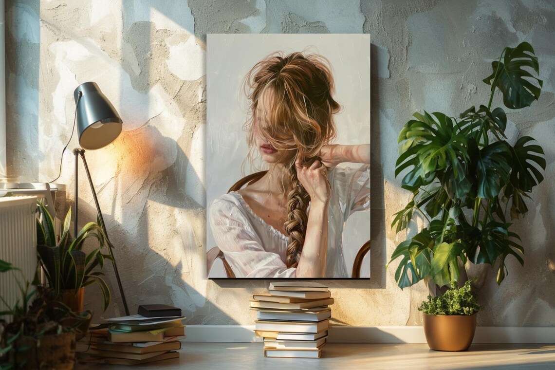 Woman Braiding Long Blonde Hair In Soft Morning Light Poster - Image 2