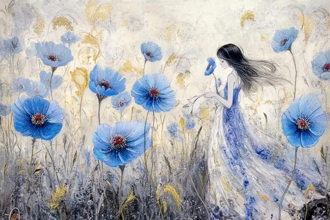 Woman Among Blue Poppies Dreamy Floral Field Portrait Blue Art Poster - Image 2