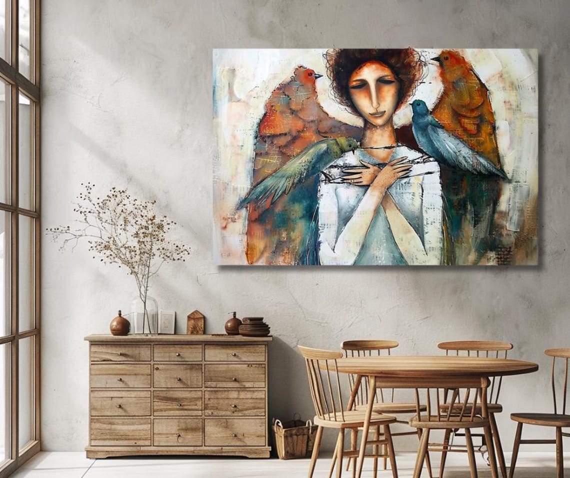 Angelic Woman With Colorful Birds Resting On Her Shoulders Poster - Image 3