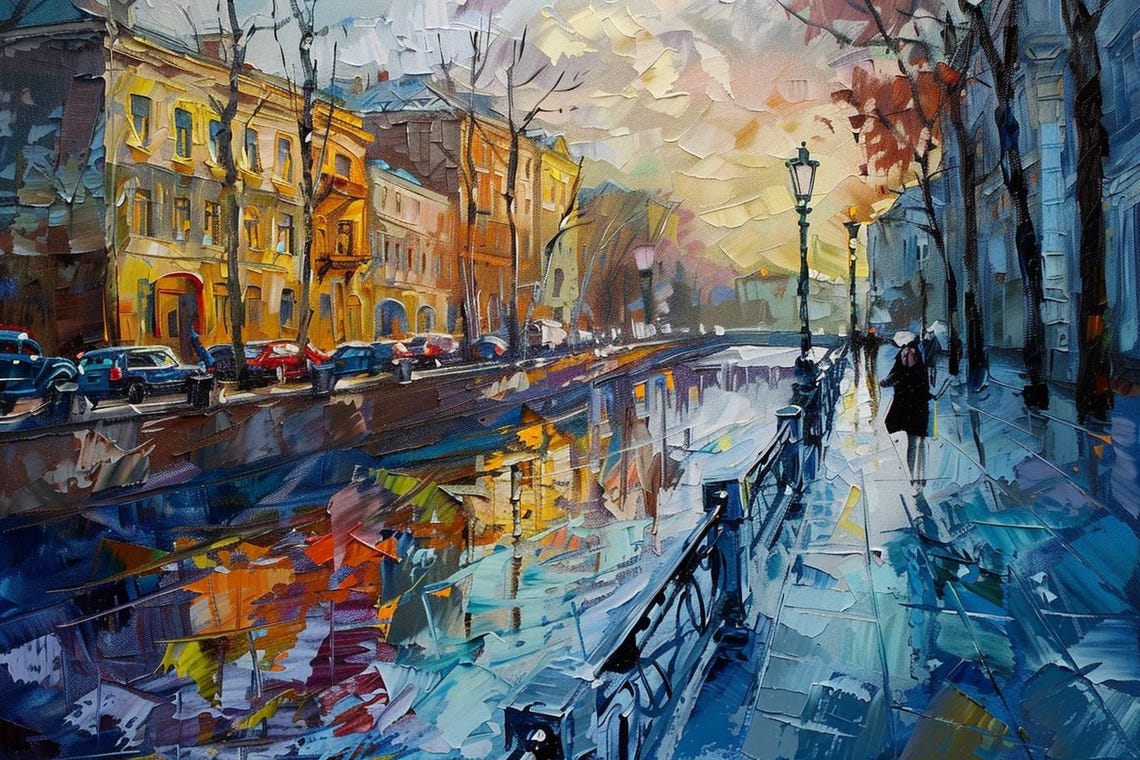 Evening City River With Golden Light Reflections Impressionist Poster - Image 2