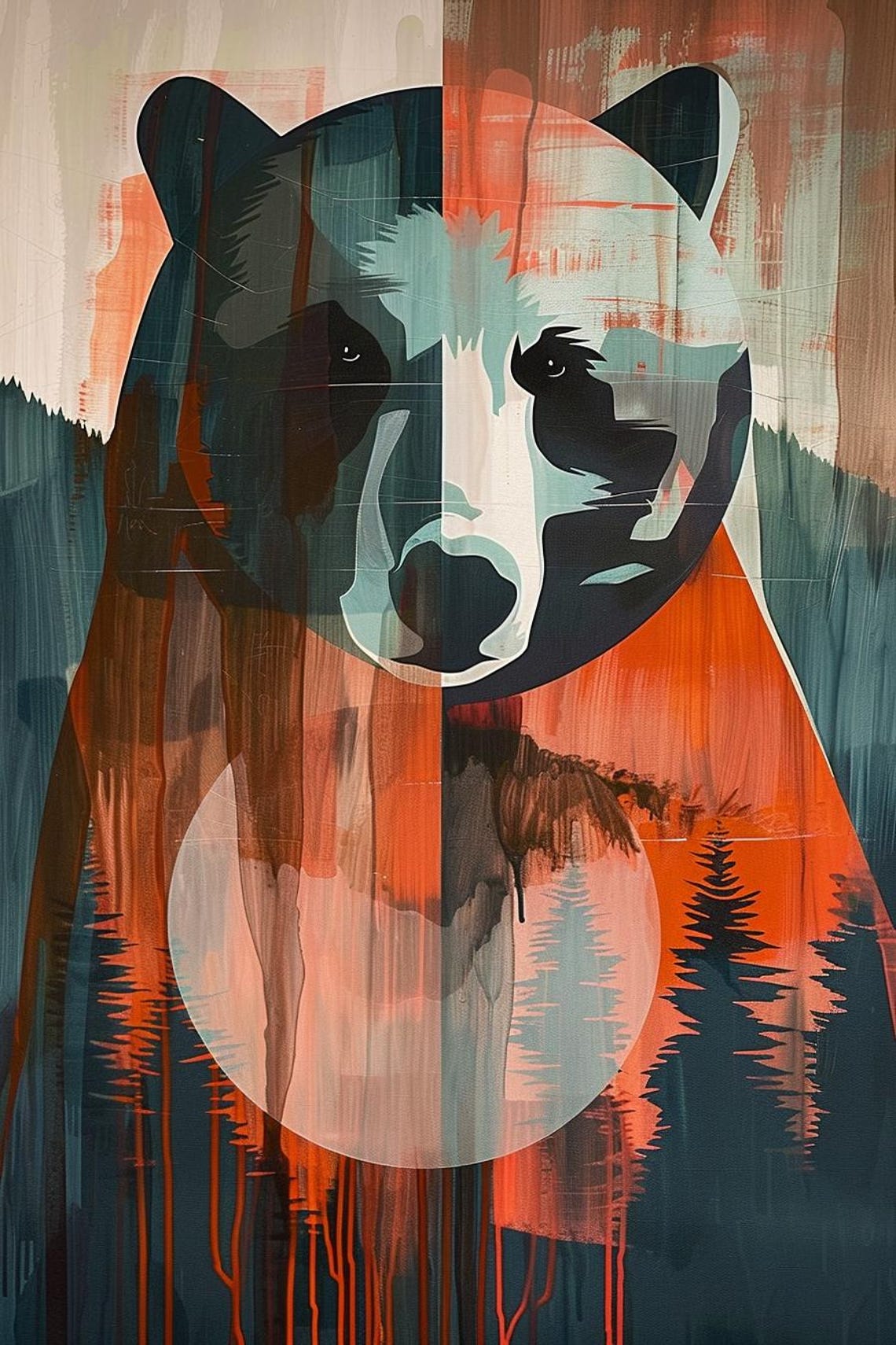 Geometric Bear Head in Teal and Orange Abstract Painting Poster - Image 2