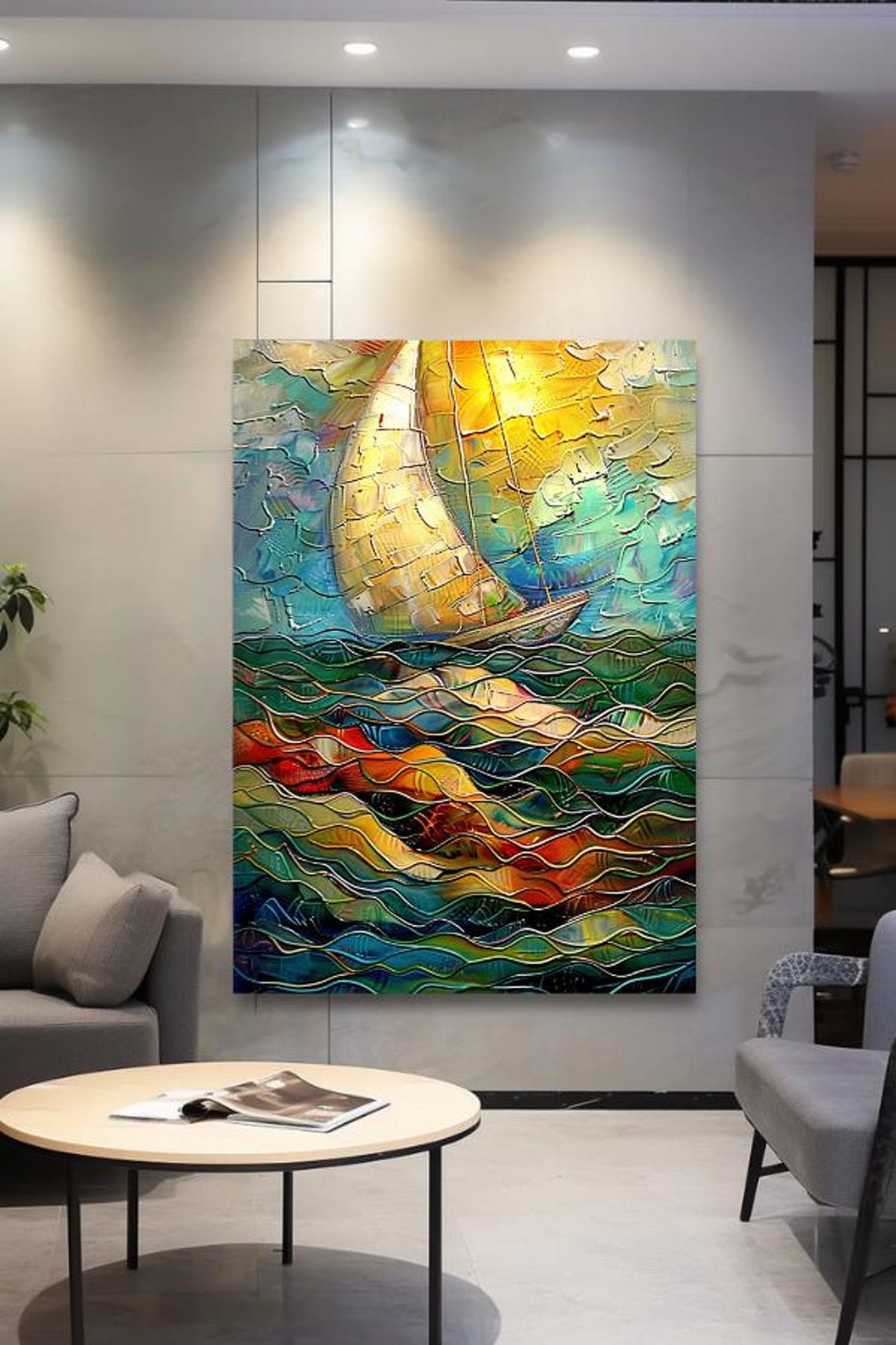 Close Up Mosaic Sailboat With Big Sail On Rainbow Waves Poster - Image 2