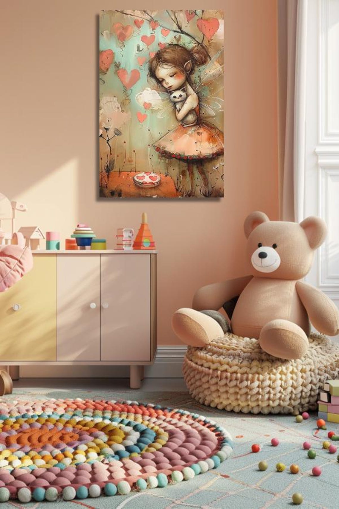 Love Fairy Girl Hugging Kitten With Heart Balloons Art Poster - Image 3