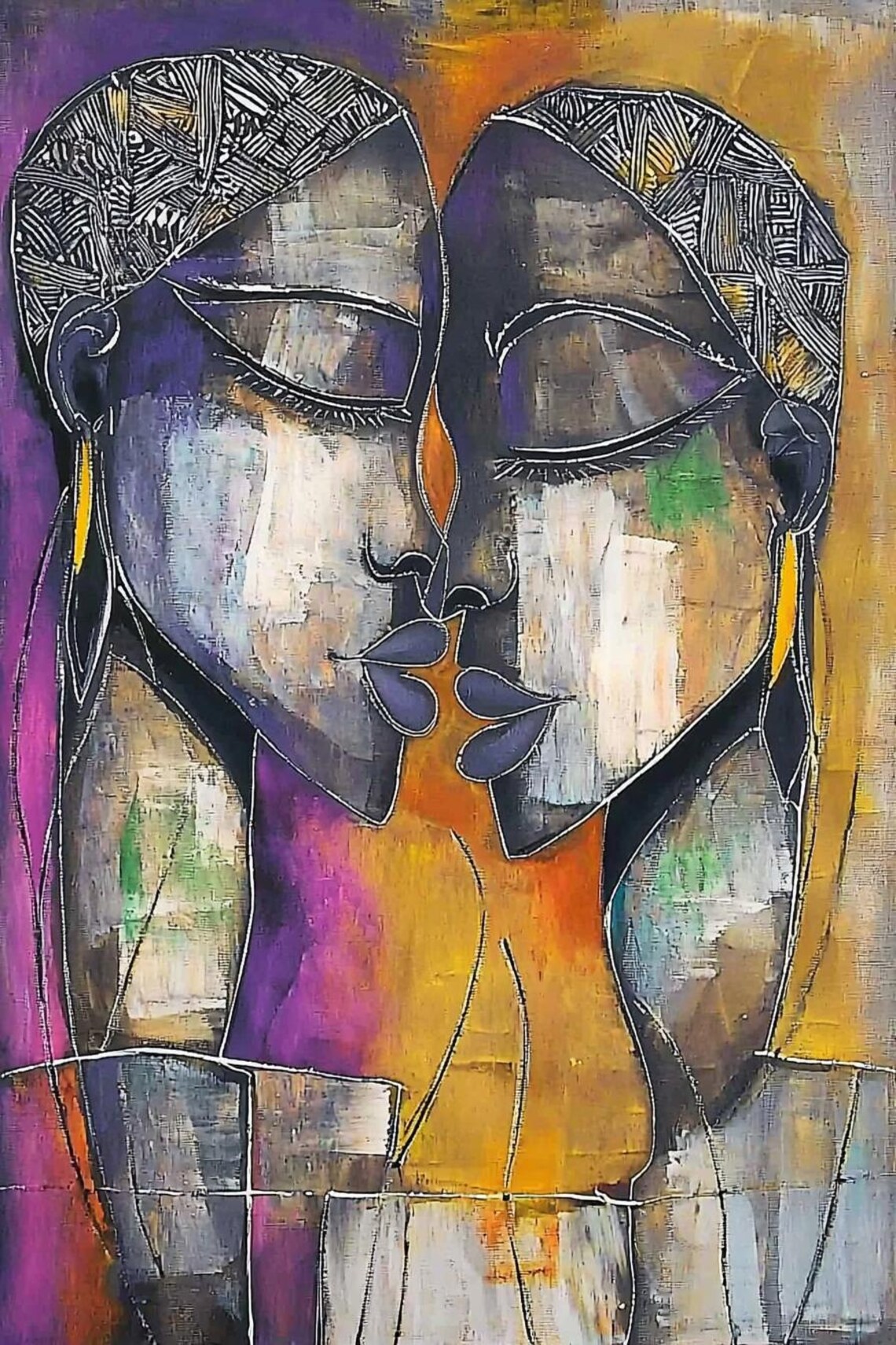 Abstract Mosaic Of Two Women Kissing In Purple And Gold Poster - Image 2