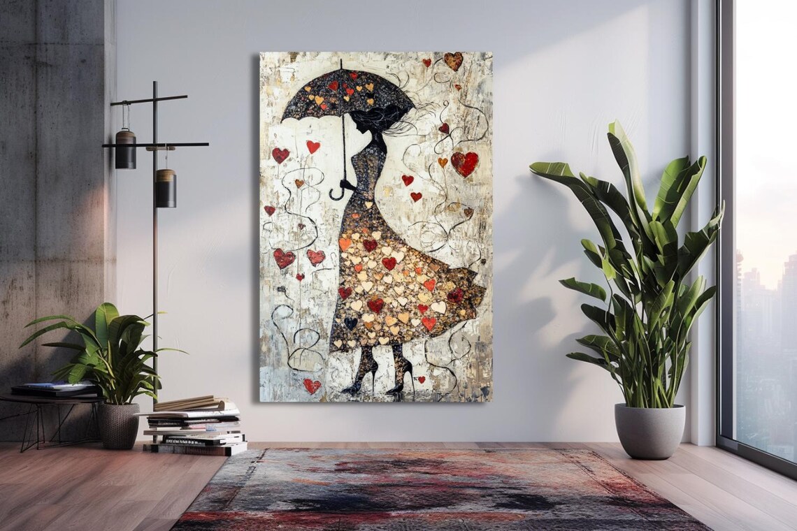 Woman with Umbrella in a Shower of Hearts Romantic Painting Poster - Image 3
