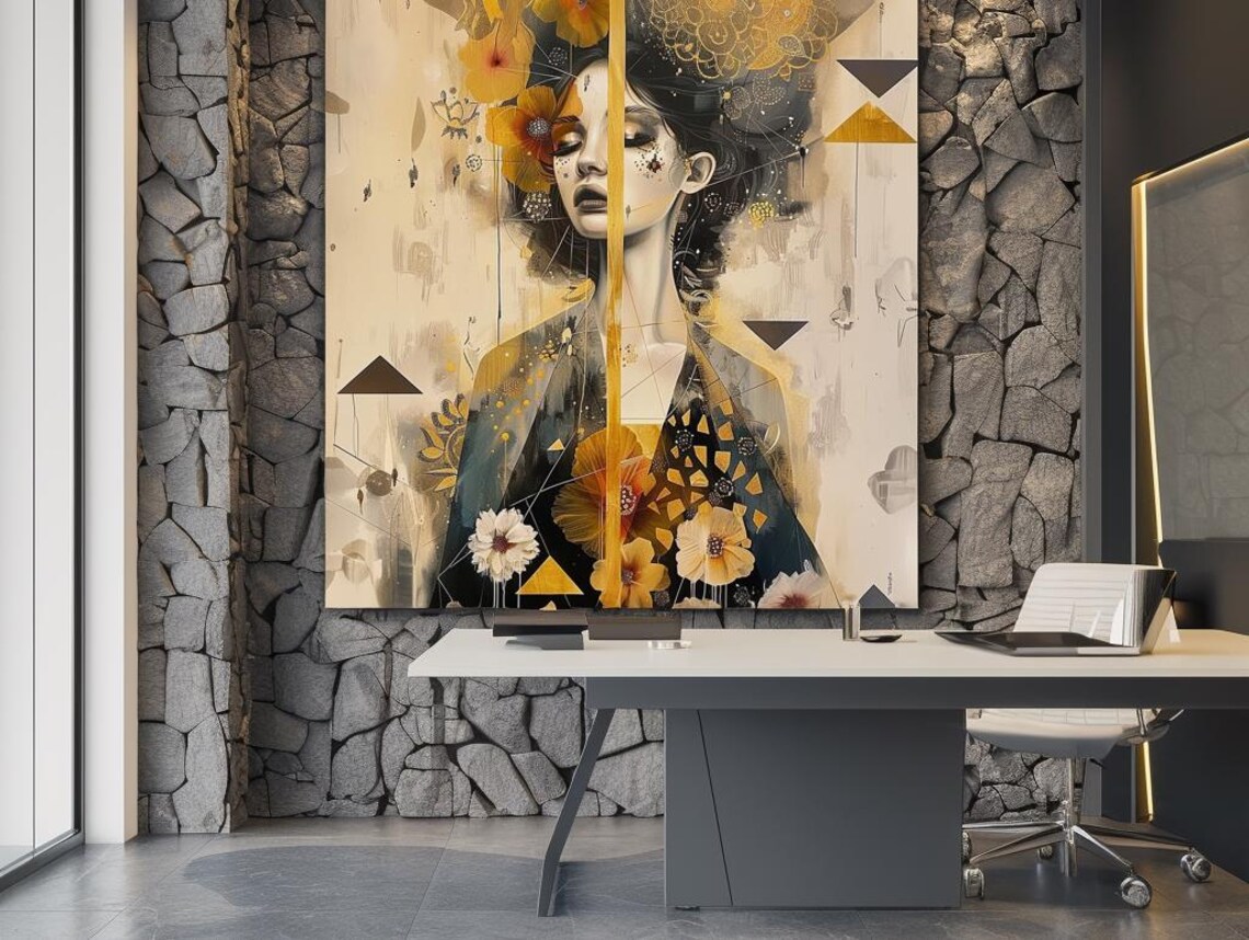 Golden Woman Portrait With Flowers And Geometric Gold Accents Poster