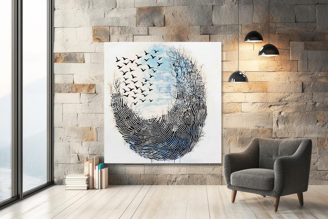 Flock Of Birds Flying Inside An Ink Brush Circle Abstract Poster