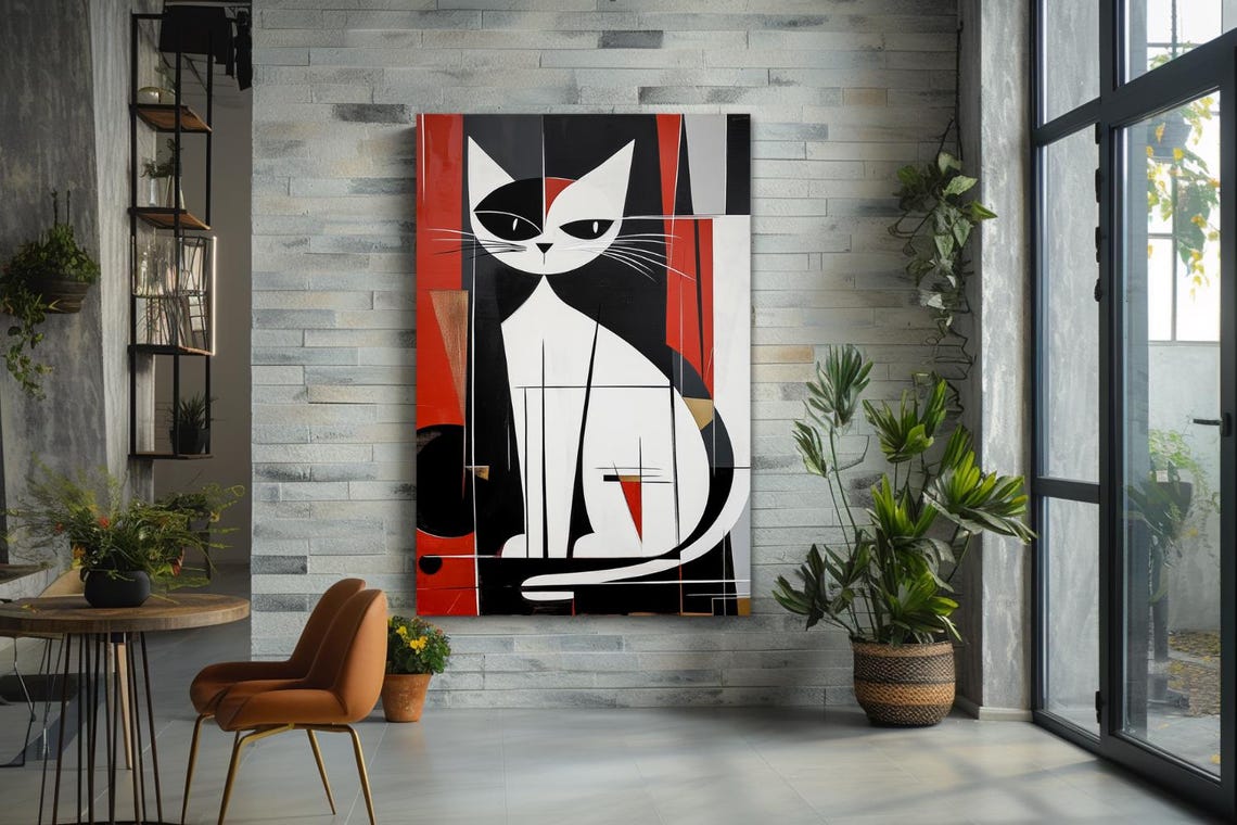 Geometric White Cat Face in Red and Black Abstract Painting Poster