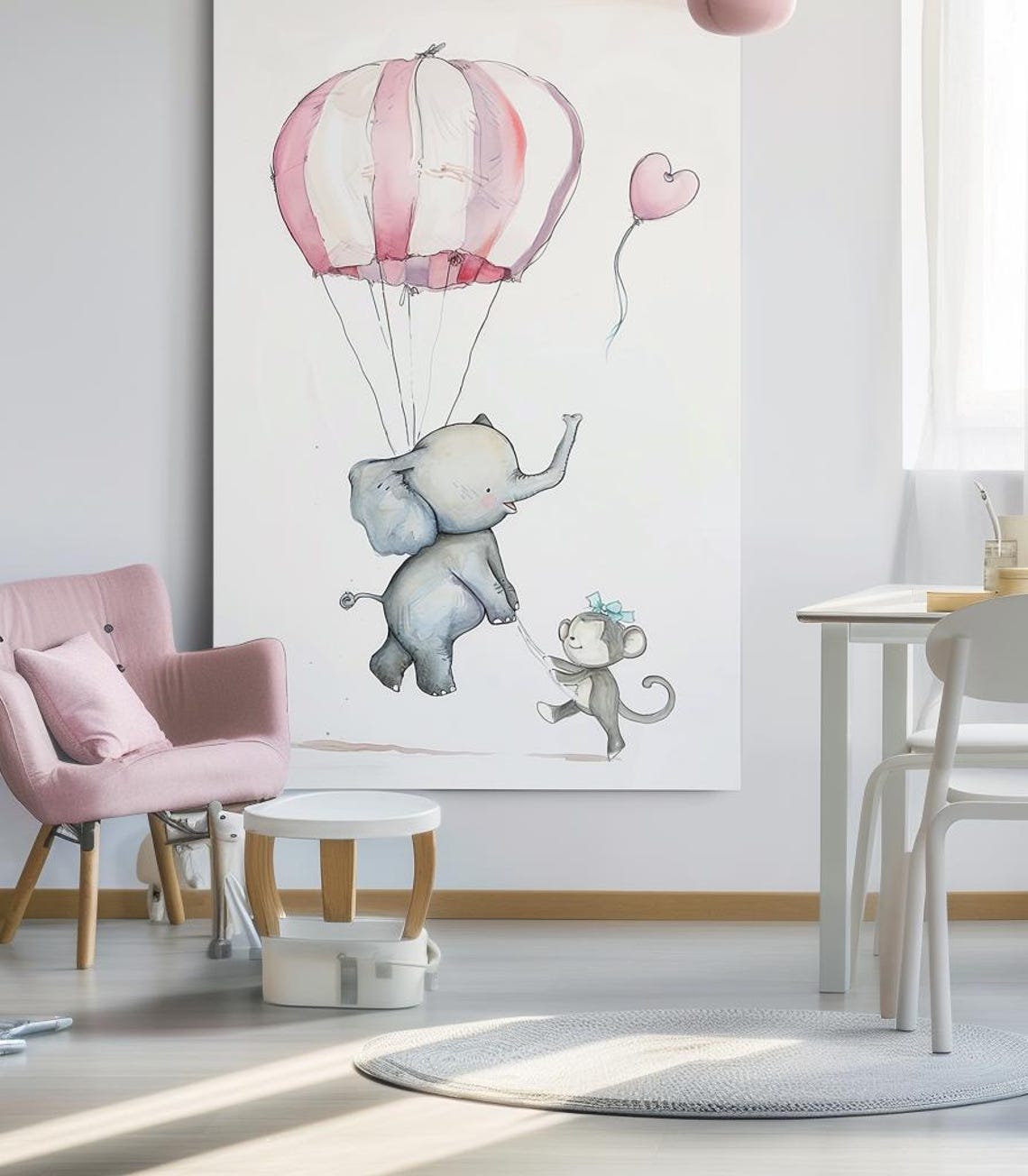Baby Elephant With Pink Parachute And Monkey Nursery Art Poster - Image 3