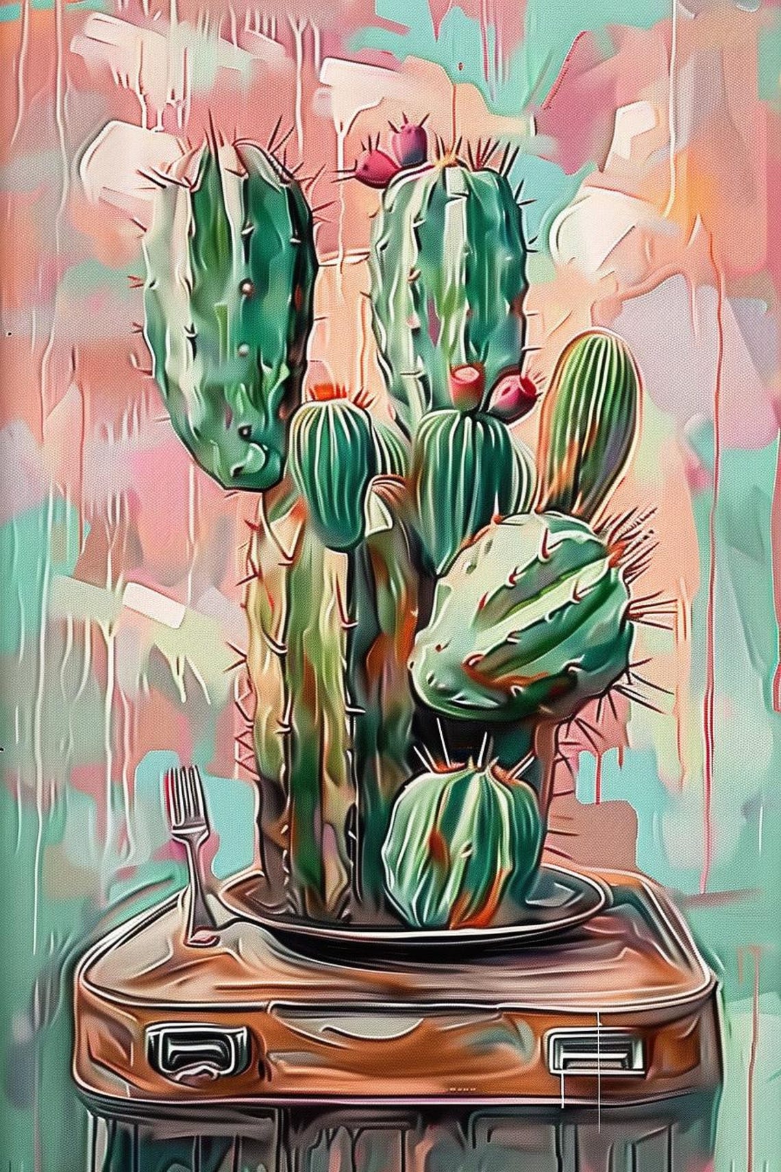 Cactus In Suitcase Pink Teal Quirky Botanical Abstract Poster - Image 2