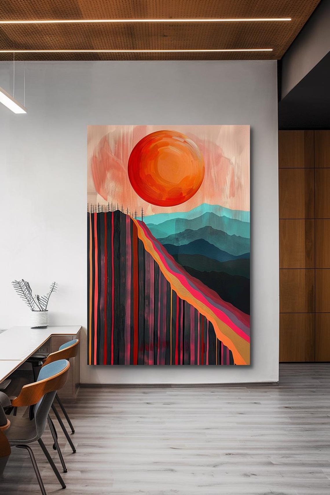 Giant Red Sun Over Layered Mountains And Striped Cliff Poster