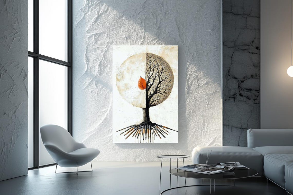 Half Tree Half Moon Single Orange Leaf Minimal Abstract Poster - Image 3