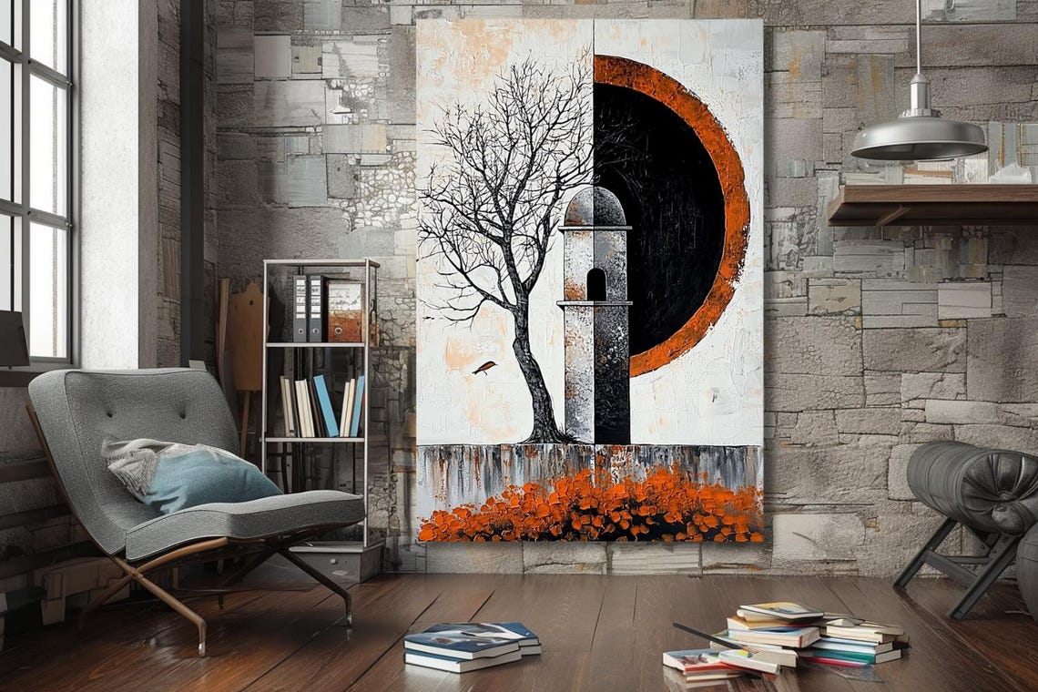 Bare Tree And Tower Before Eclipse Orange Flowers Art Poster - Image 3