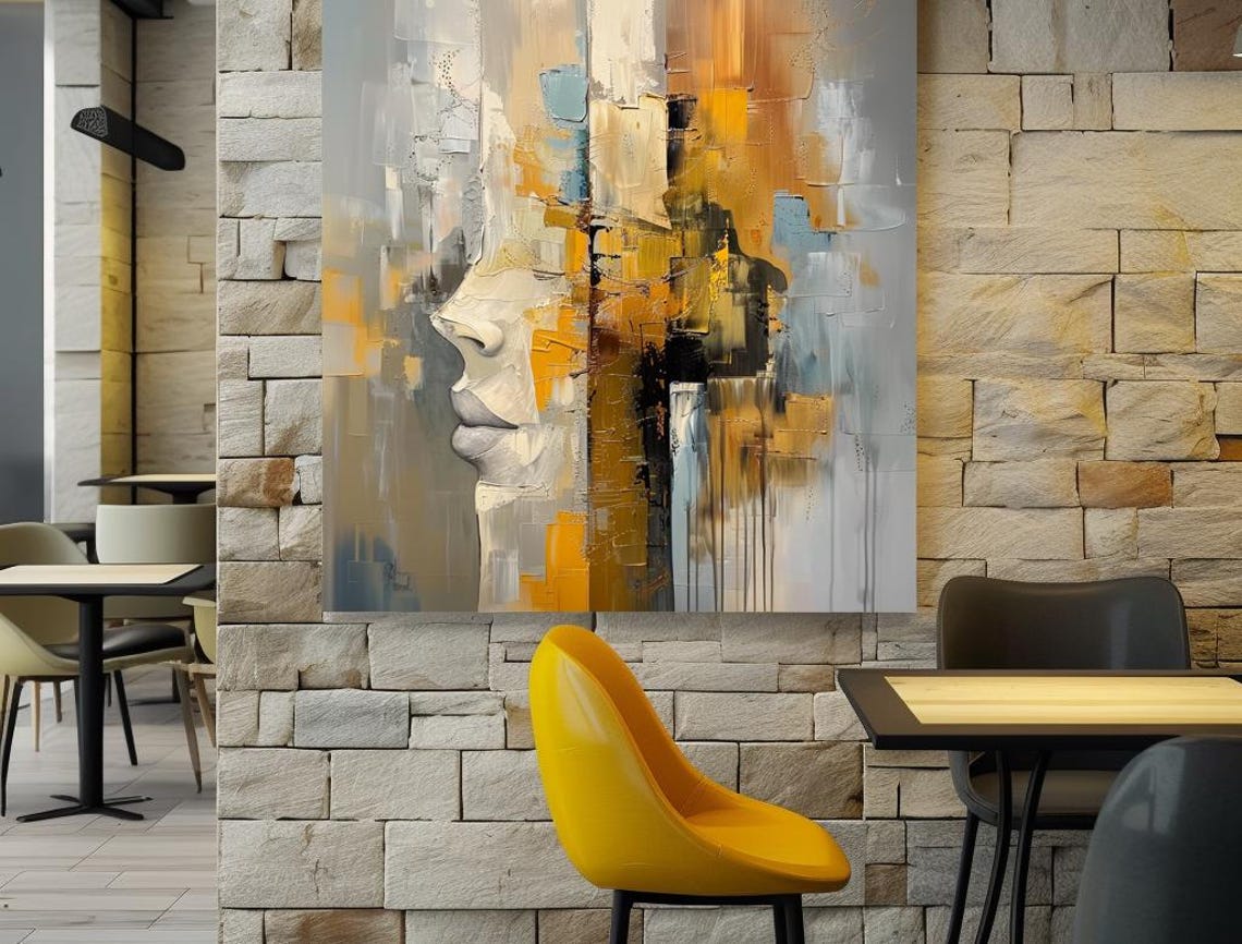 Abstract Woman Profile in White with Amber Palette Knife Art Poster