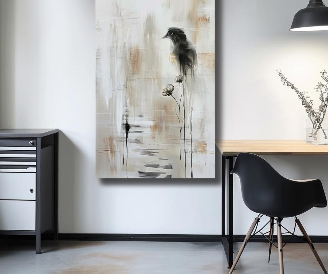 Black Bird on a Thin Branch Minimalist Ink Wash Painting Poster