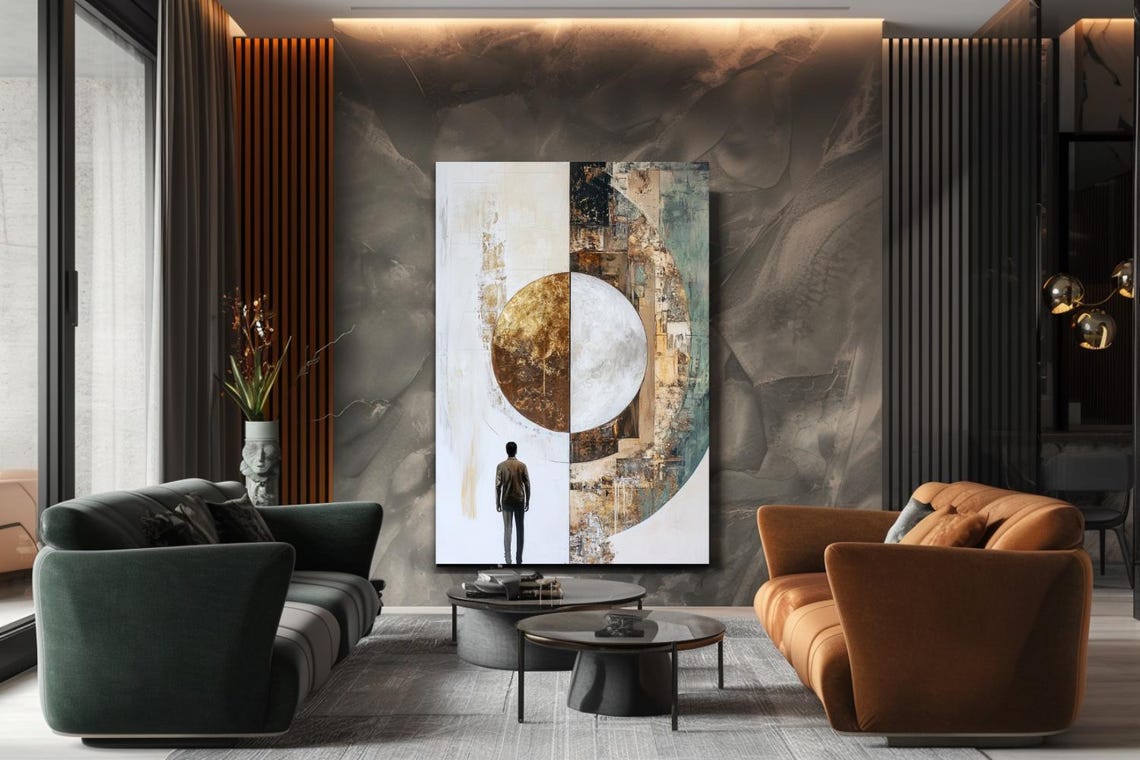 Half Gold Half White Moon With Lone Walking Figure Abstract Poster