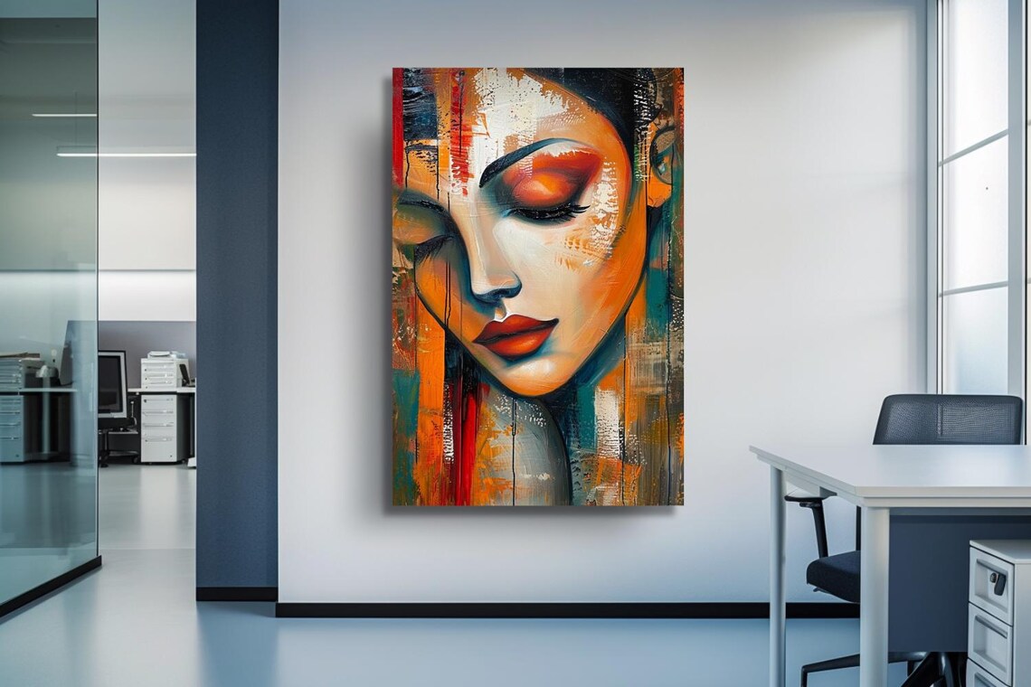 Colorful Abstract Woman Face With Closed Eyes Orange Teal Poster