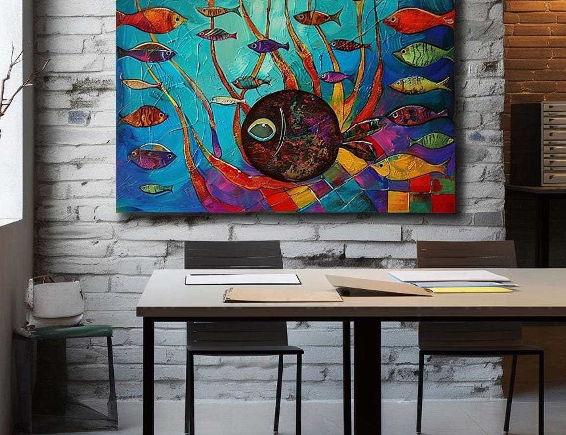 Colorful Underwater World With Big Fish And Small Fish School Poster