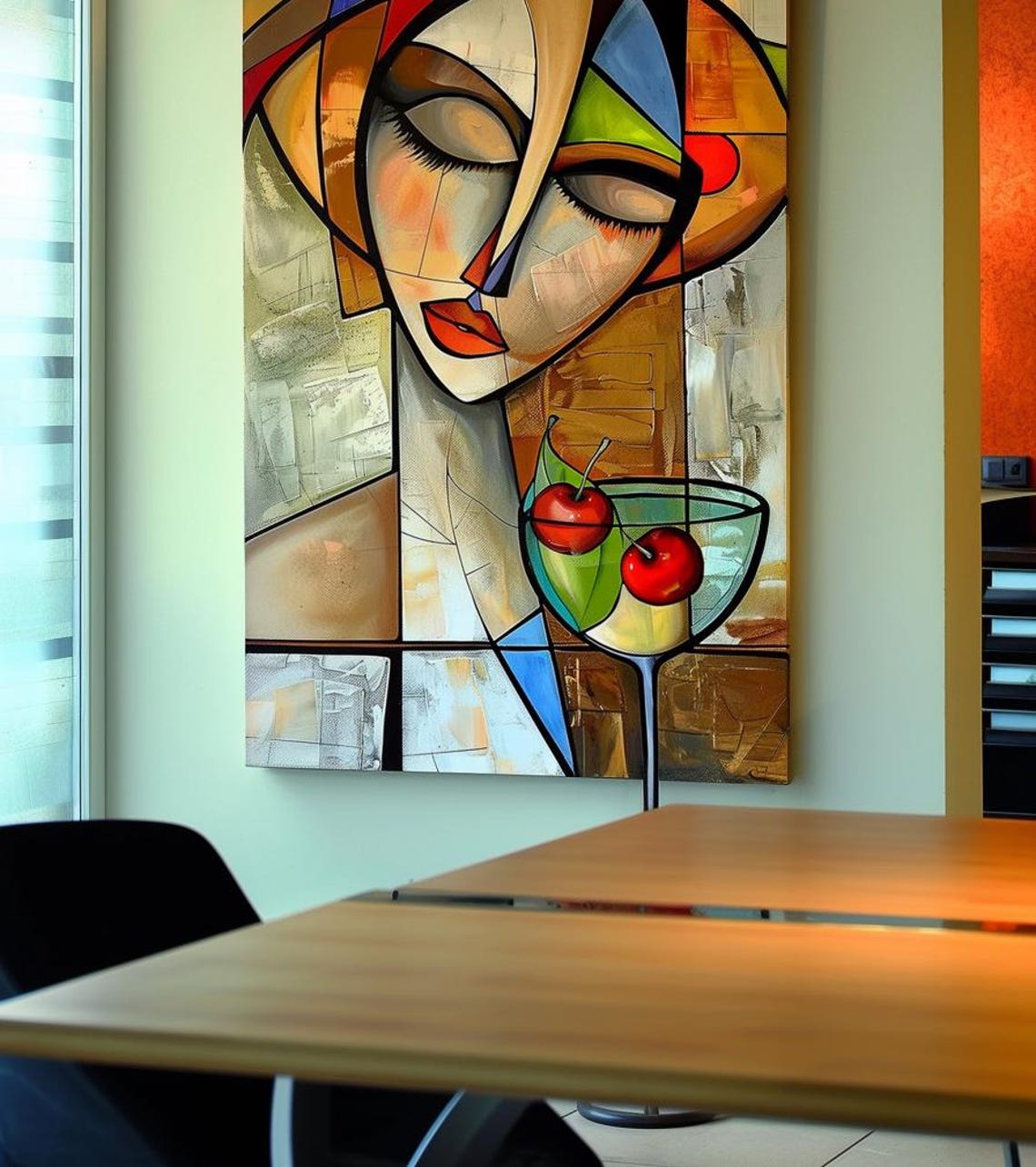 Cubist Woman Face With Cocktail Glass Cherries Retro Art Poster - Image 3