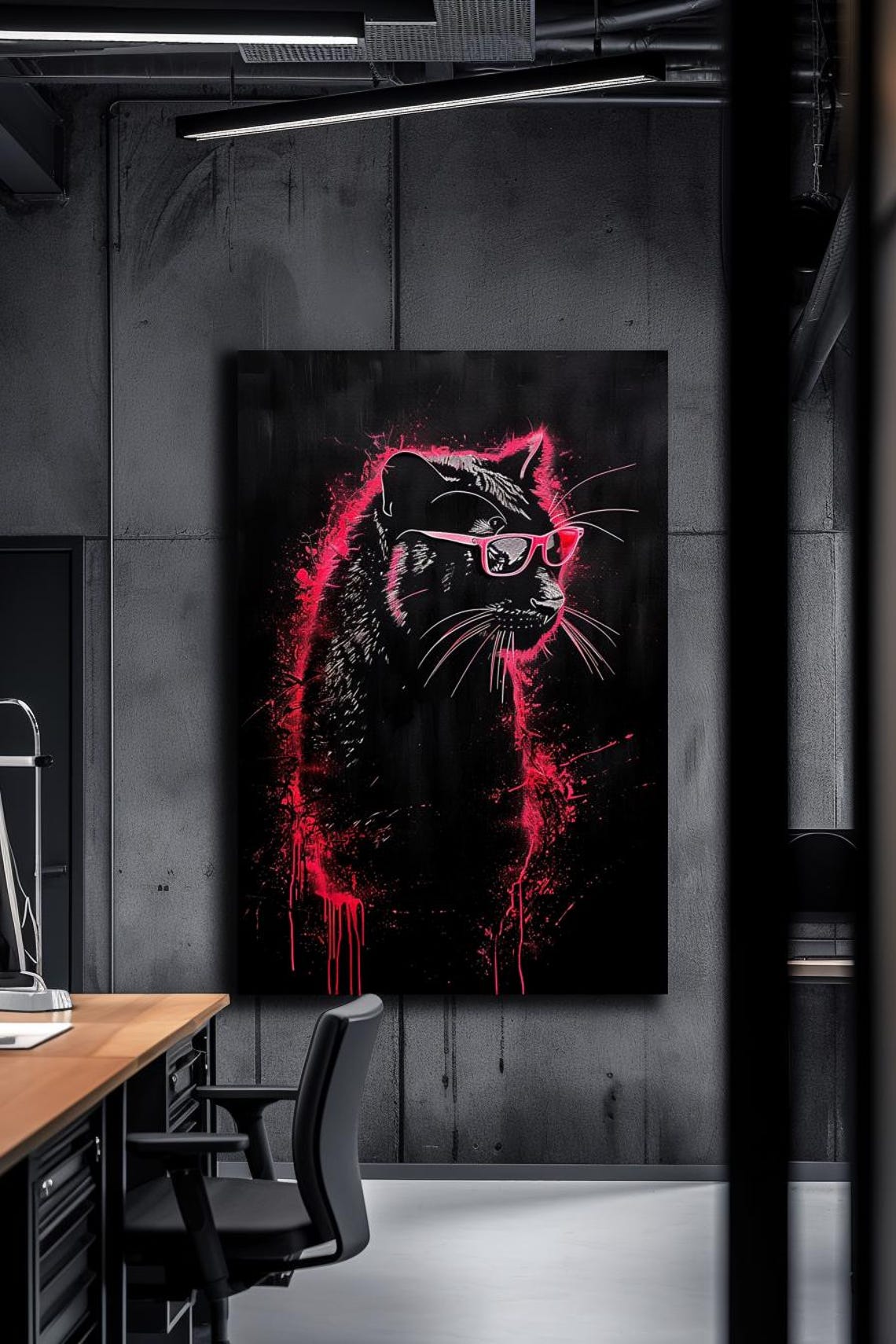 Black Cat with Pink Glasses on Dark Background Painting Poster - Image 3