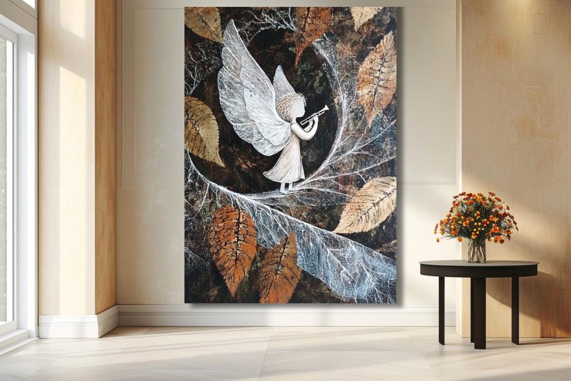 Angel With Trumpet Among Autumn Leaves Dark Decorative Poster - Image 3