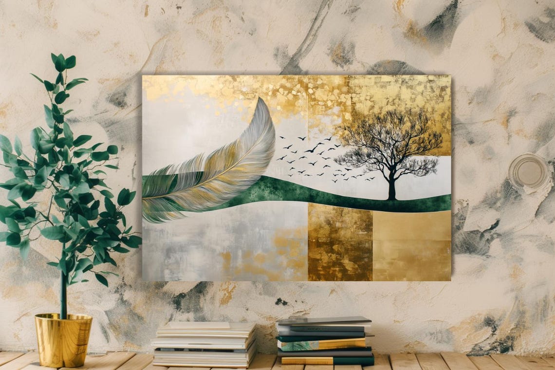 Curves Feather Tree And Birds Gold Green Abstract Art Poster - Image 3