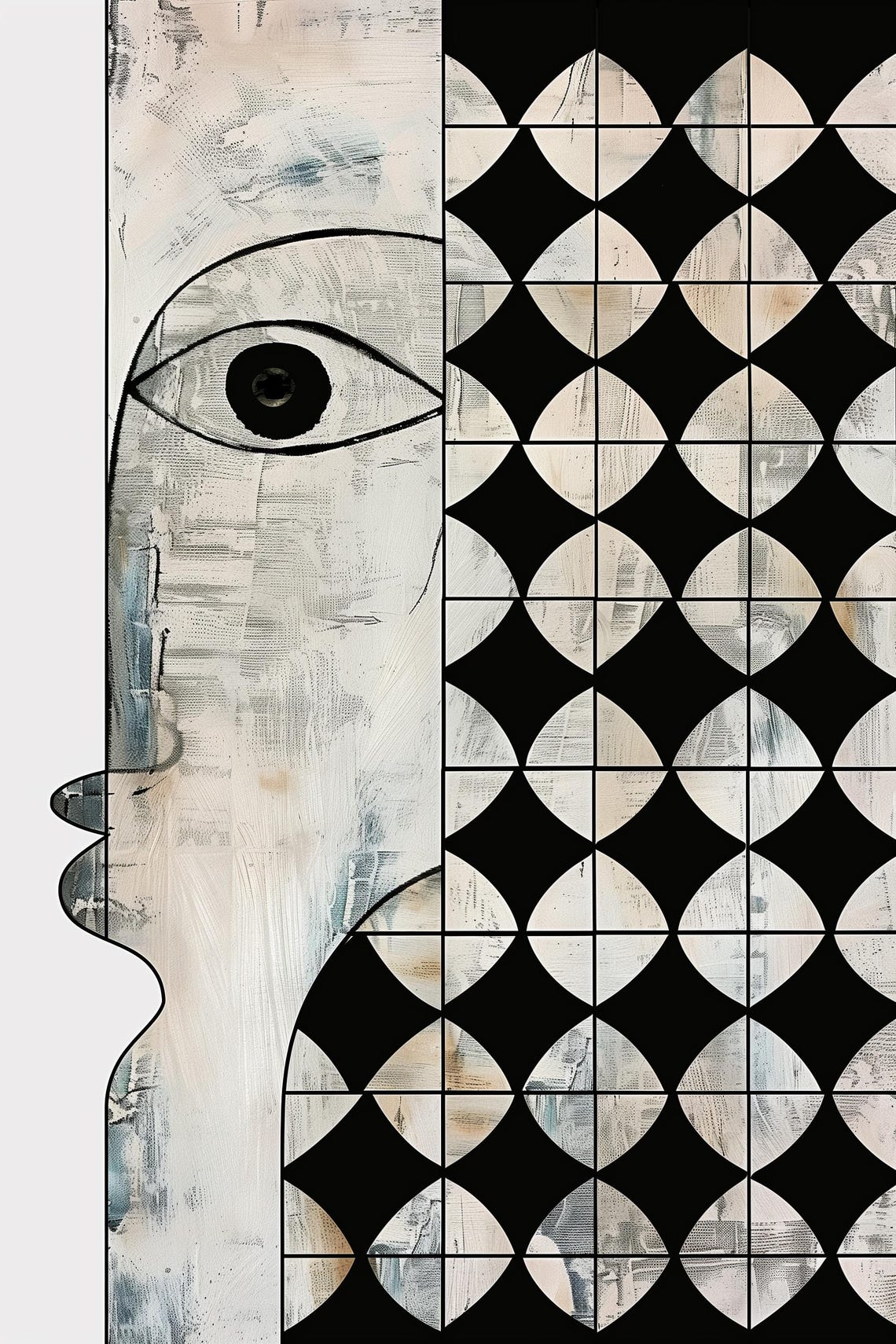 Line Art Face Beside Black and White Geometric Lattice Art Poster - Image 2