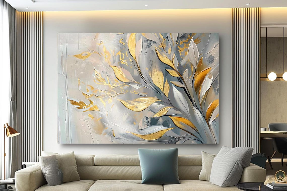 Gold Leaf Branches on Soft White Gray Elegant Botanical Art Poster
