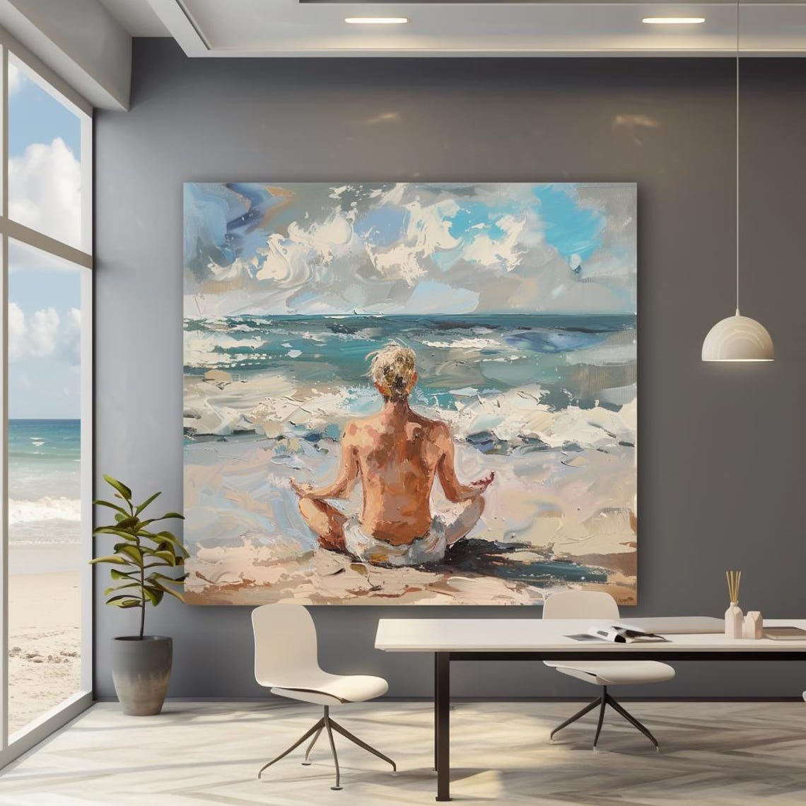 Woman Meditating On Beach Facing Ocean Serene Canvas Art Poster