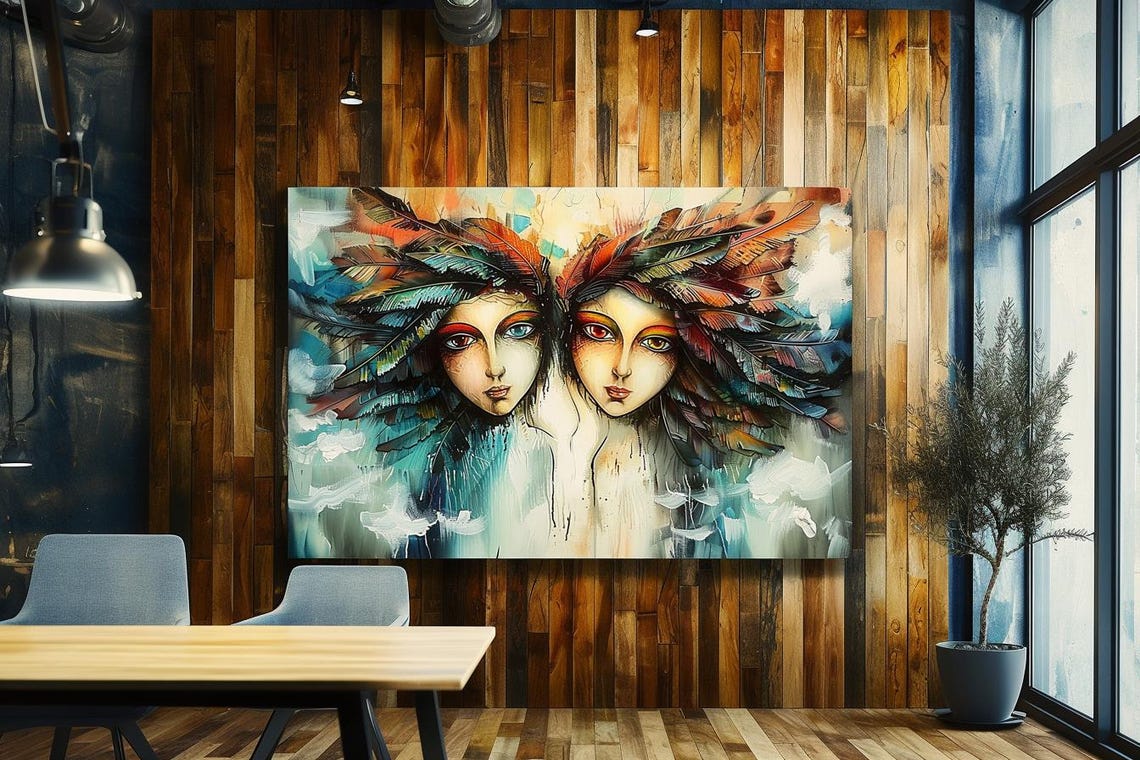 Kindred Souls Twin Women With Feather Headdresses Art Poster