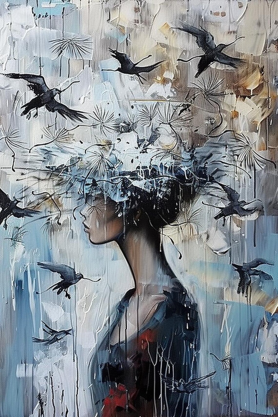 Woman with Birds Rising from Her Hair Abstract Painting Poster - Image 2