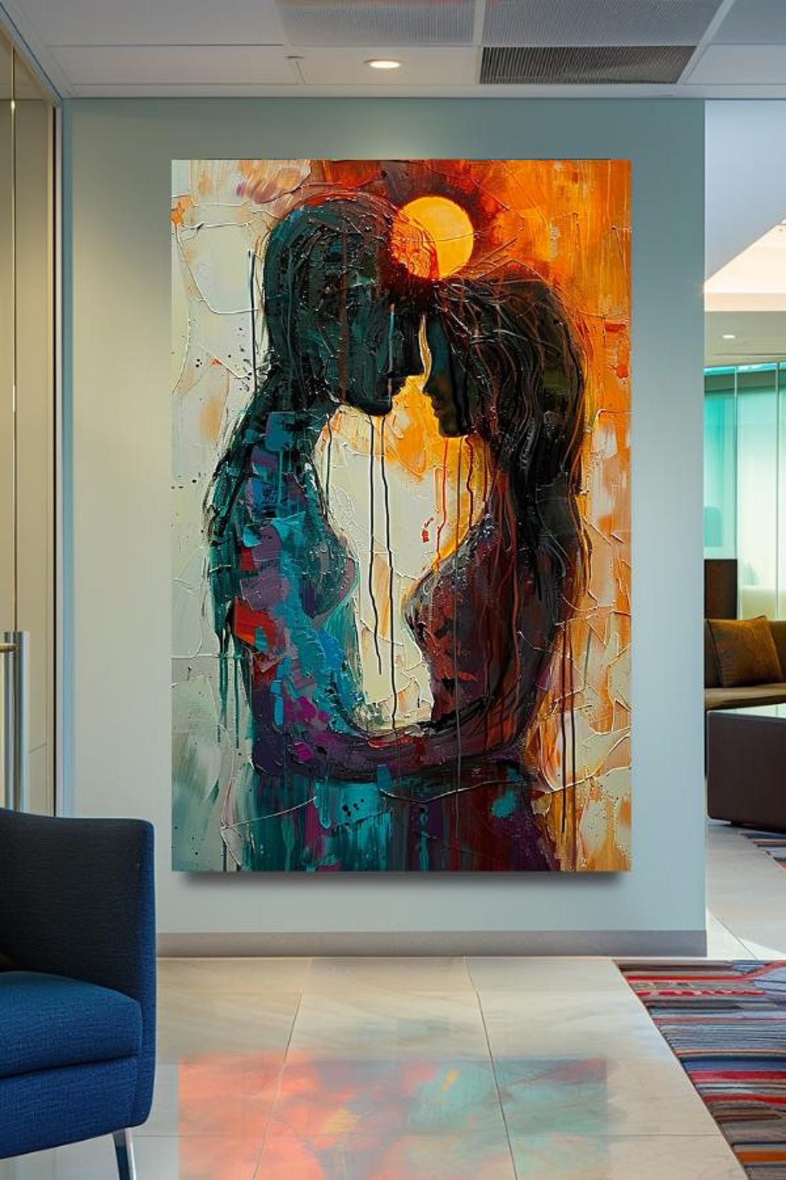 Two Lovers Facing Each Other at Sunset Abstract Painting Poster