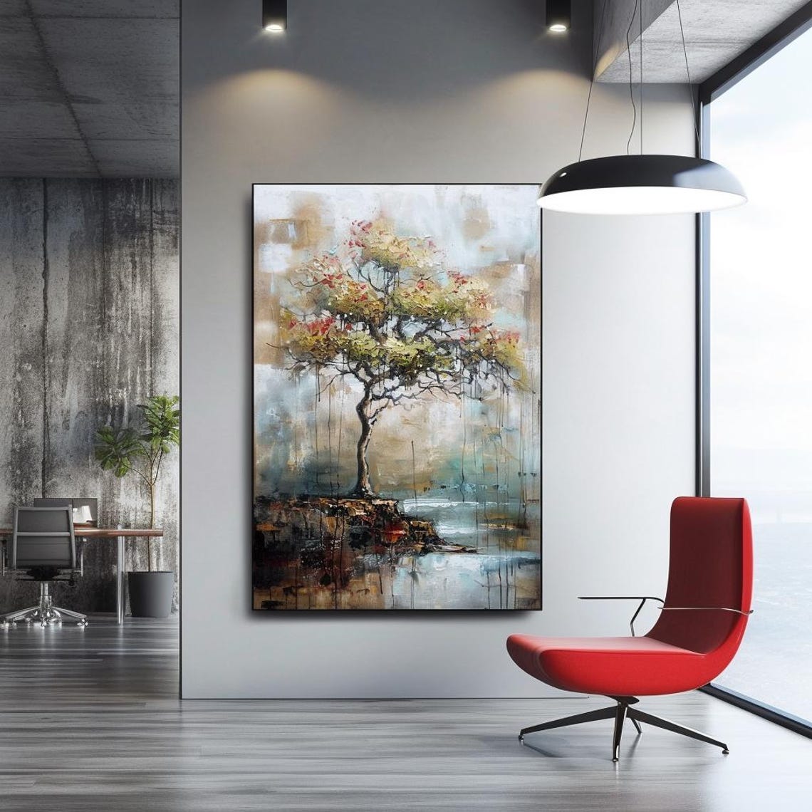 Lone Tree On Rocky Shore Abstract Textured Landscape Painting Poster - Image 3