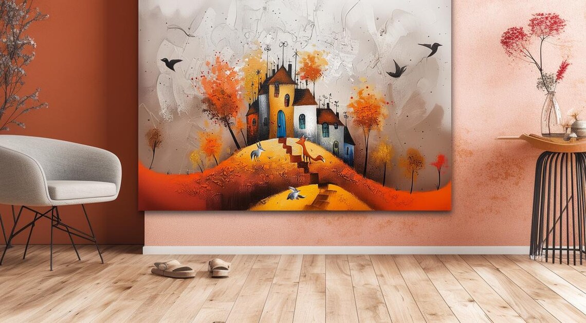 Whimsical Fairy Hill Village Autumn Folk Art Colorful Poster - Image 3