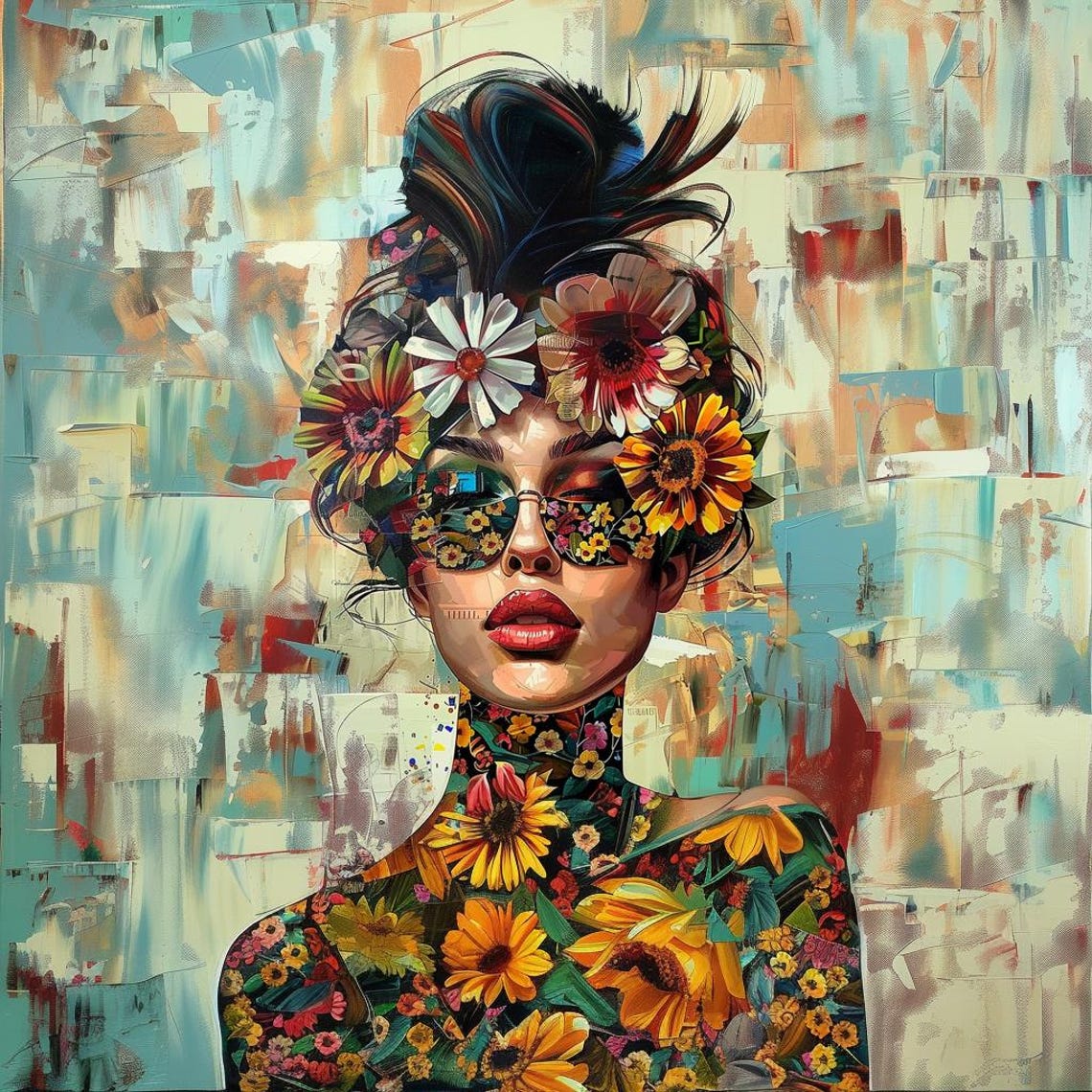 Floral Woman Portrait With Blossoms Pop Art Modern Decor Poster - Image 2