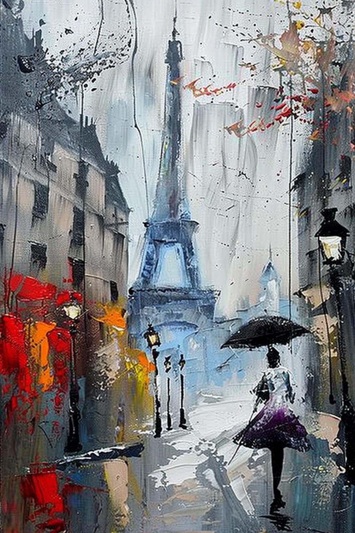 Rainy Paris Street with Eiffel Tower and Umbrella Painting Poster - Image 2