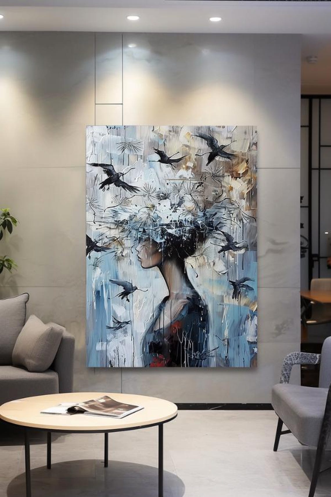 Woman with Birds Rising from Her Hair Abstract Painting Poster