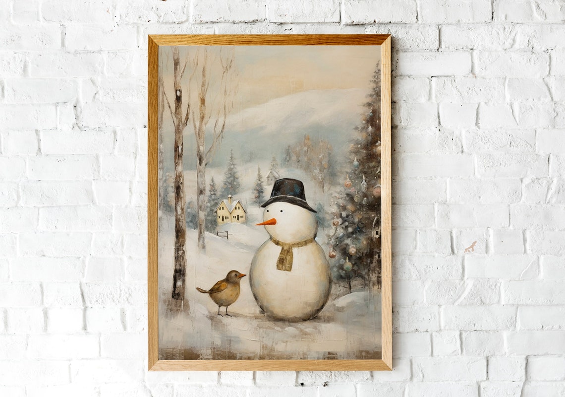 Cute Snowman with Bird in Snowy Christmas Village Art Poster - Image 3