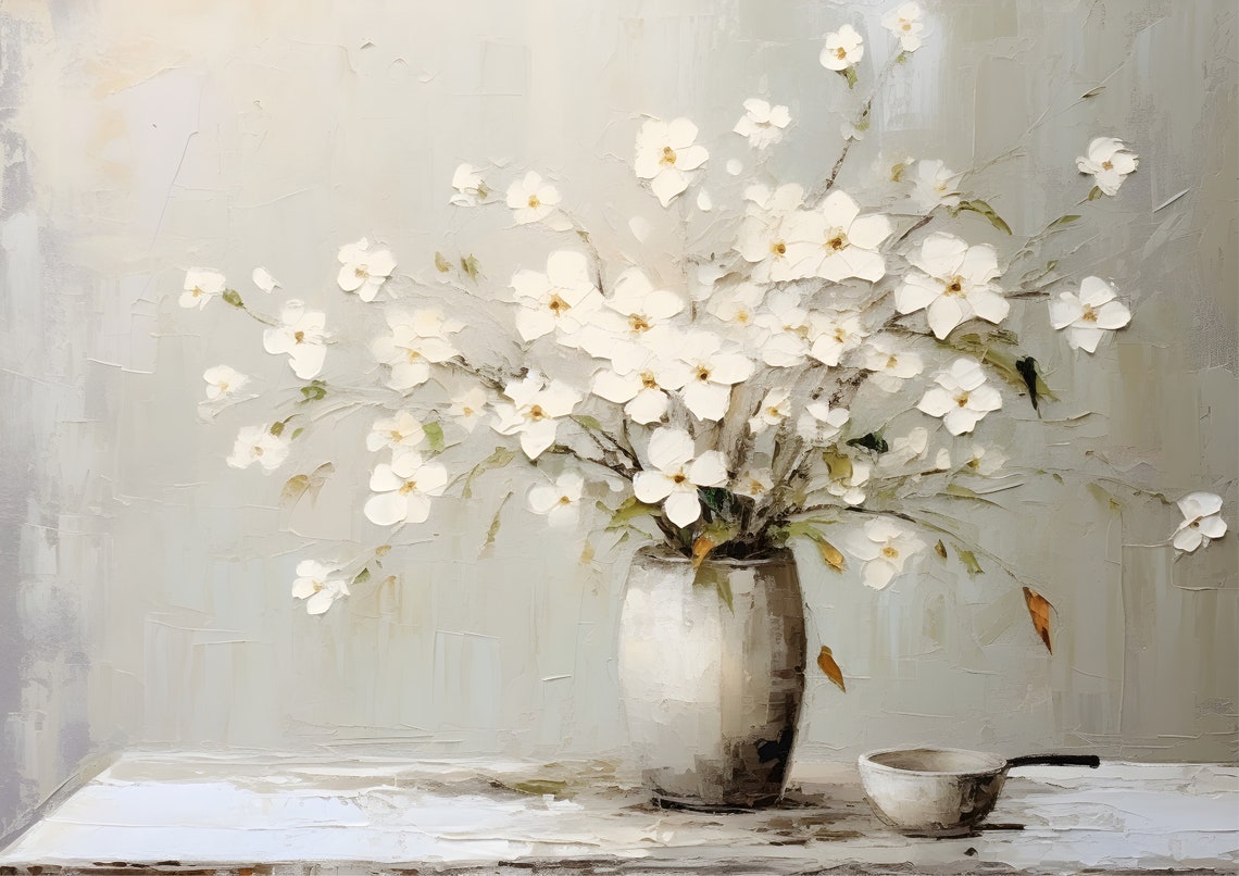 White Flowers Still Life Painting Neutral Vase Botanical Art Poster - Image 6