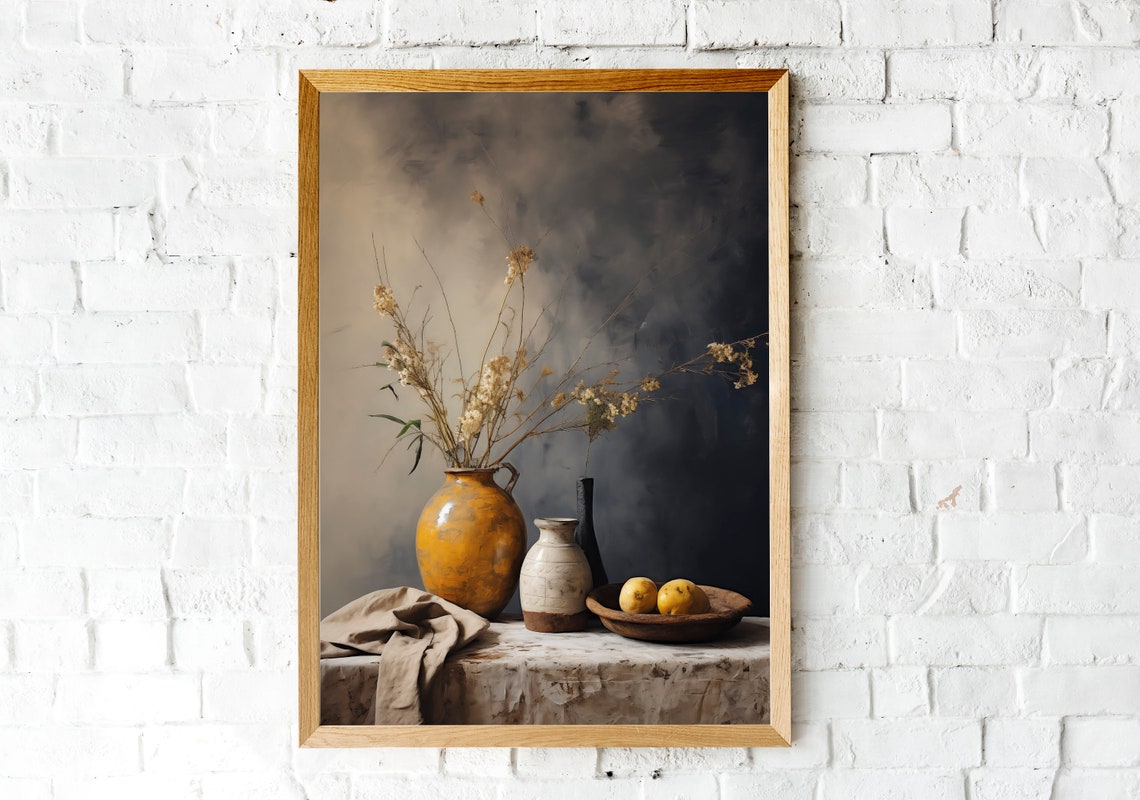 Golden Vase with Dried Florals Moody Rustic Kitchen Wall Art - Image 2