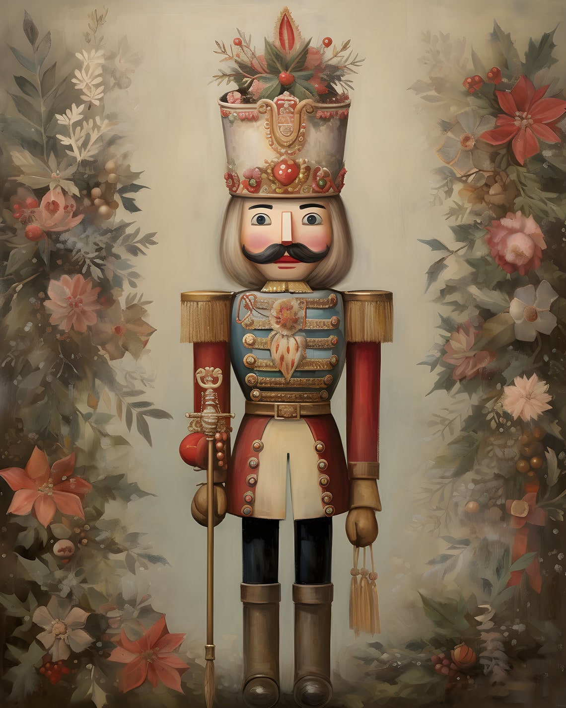 Nutcracker Soldier with Berry Crown Floral Background Poster - Image 7