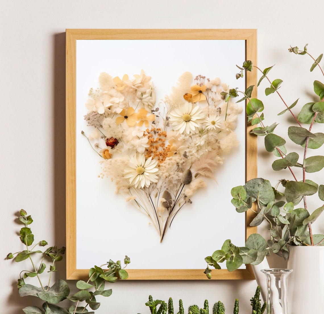 Neutral Dried Flower Heart Bouquet on White Minimalist Poster