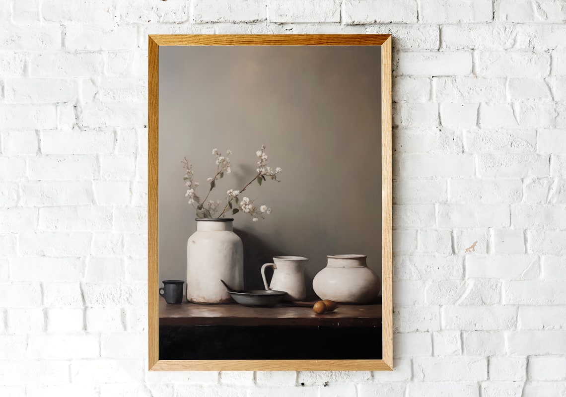 White Ceramic Vessels Still Life with Blossom Branches Moody Poster - Image 2