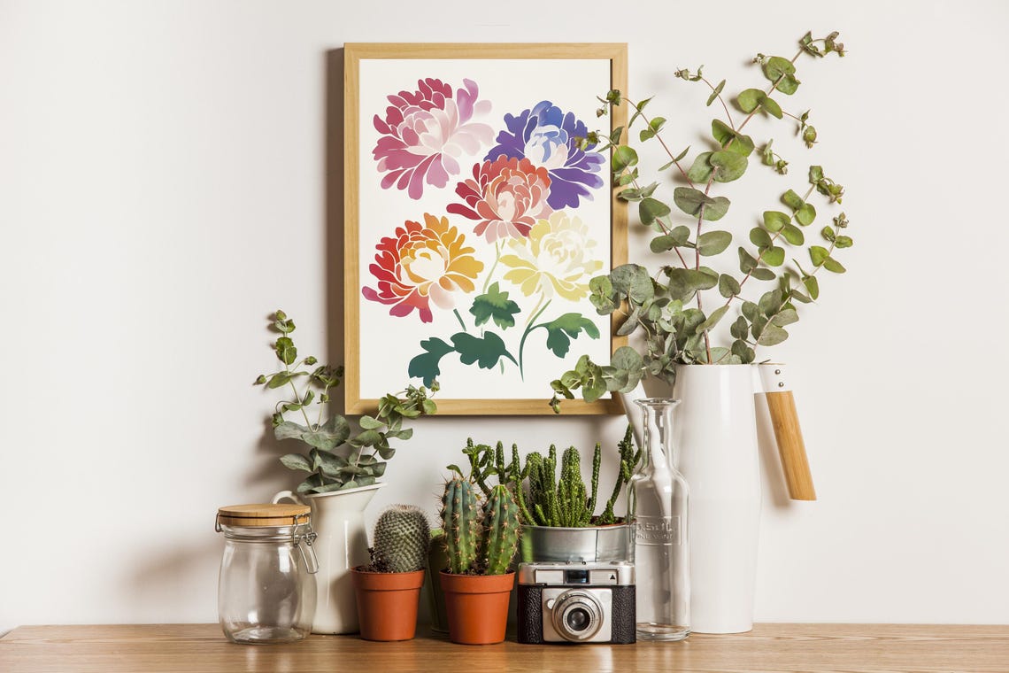 Five Colorful Chrysanthemum Blooms Floral Illustration Poster - Image 5