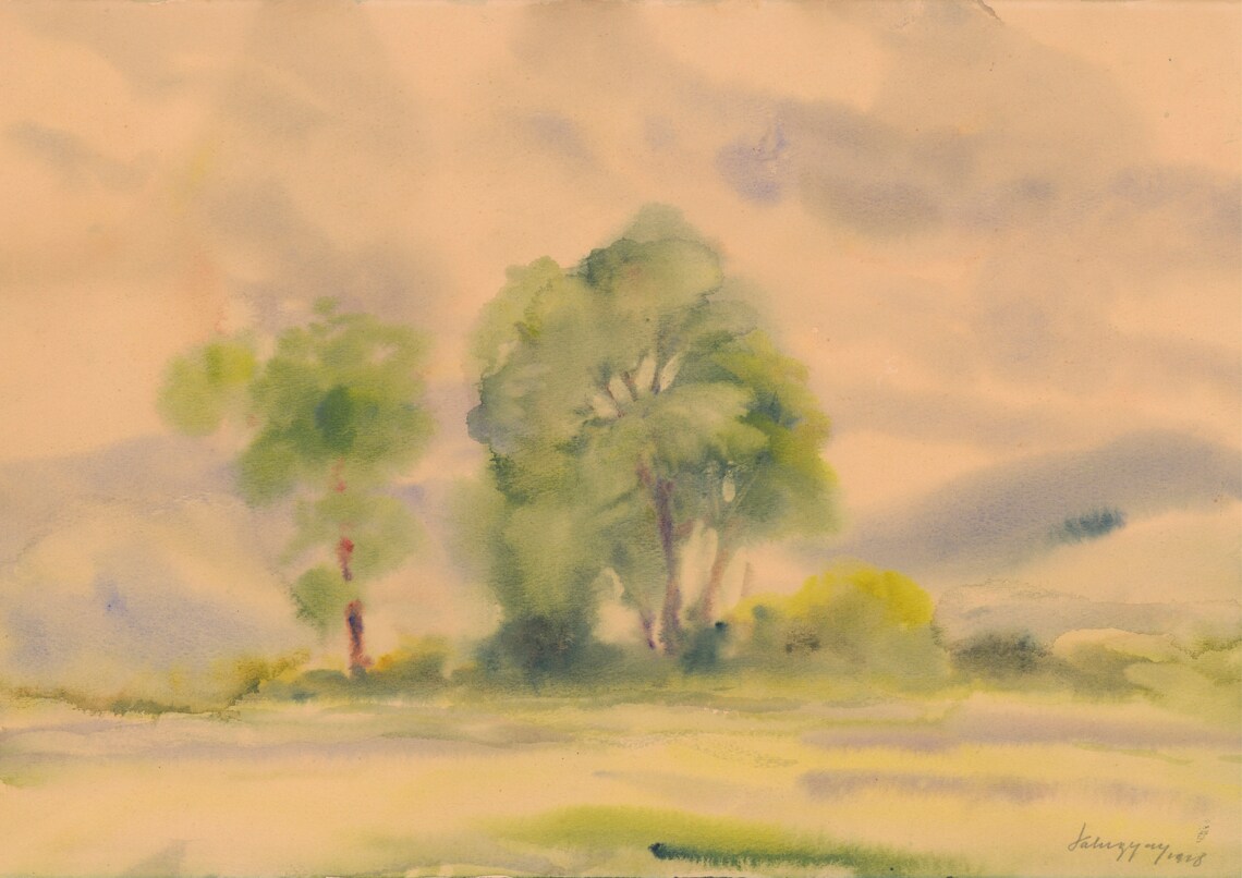 Green Trees Watercolor Painting Misty Meadow Minimalist Art Poster - Image 6