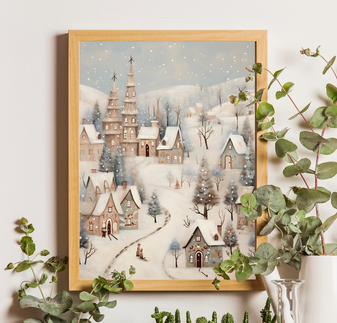 Vintage Christmas Village Landscape Art Print