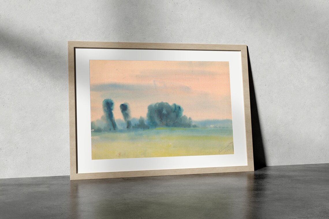 Misty Watercolor Trees Painting Minimalist Blue Green Landscape Poster - Image 4