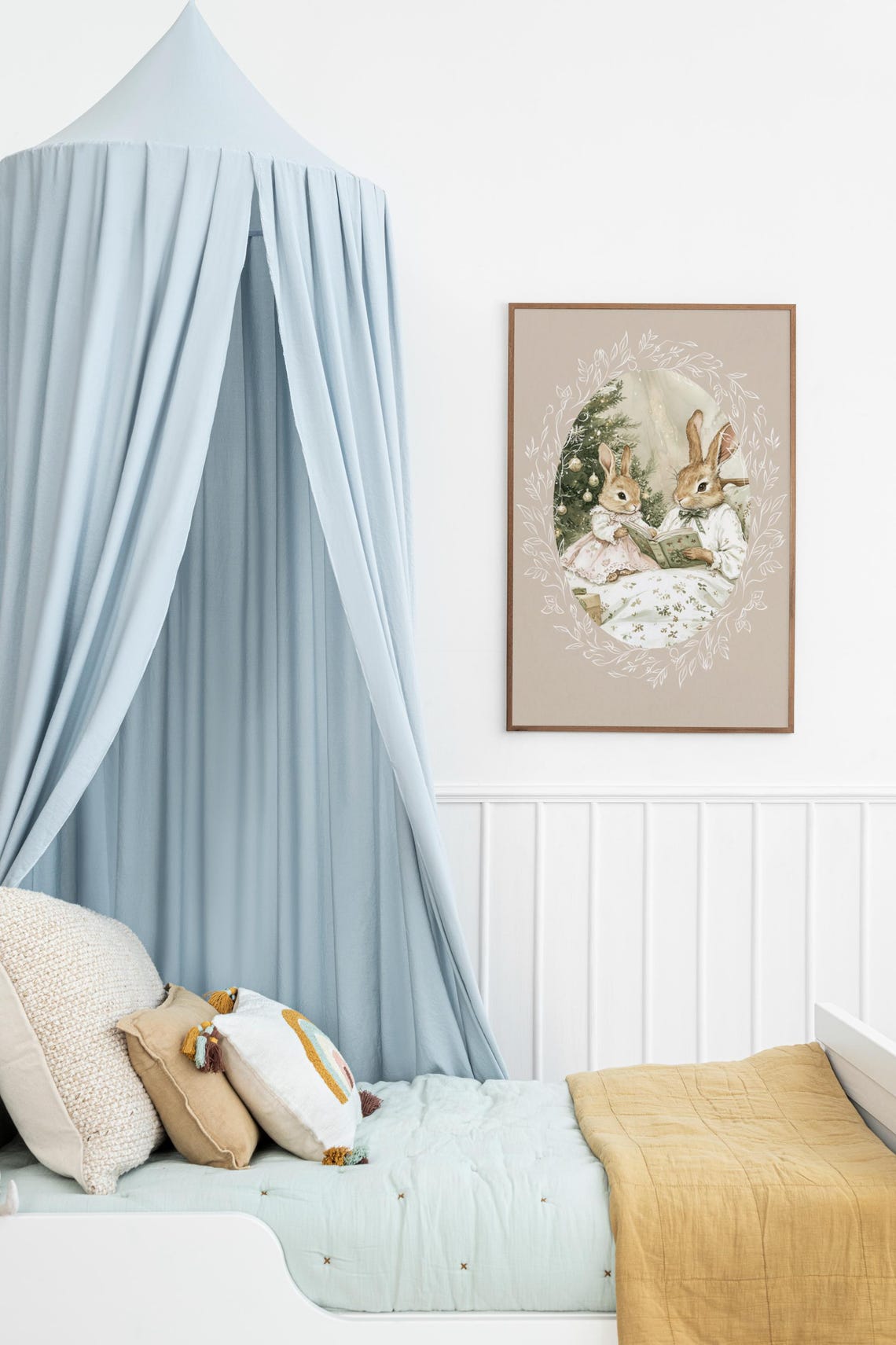 Two Bunnies Reading a Book Together in Bed by Christmas Tree Poster - Image 4
