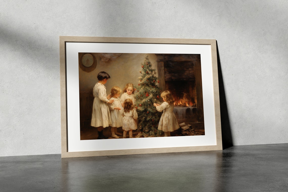 Children Decorating Christmas Tree by the Fireplace Vintage Poster - Image 3