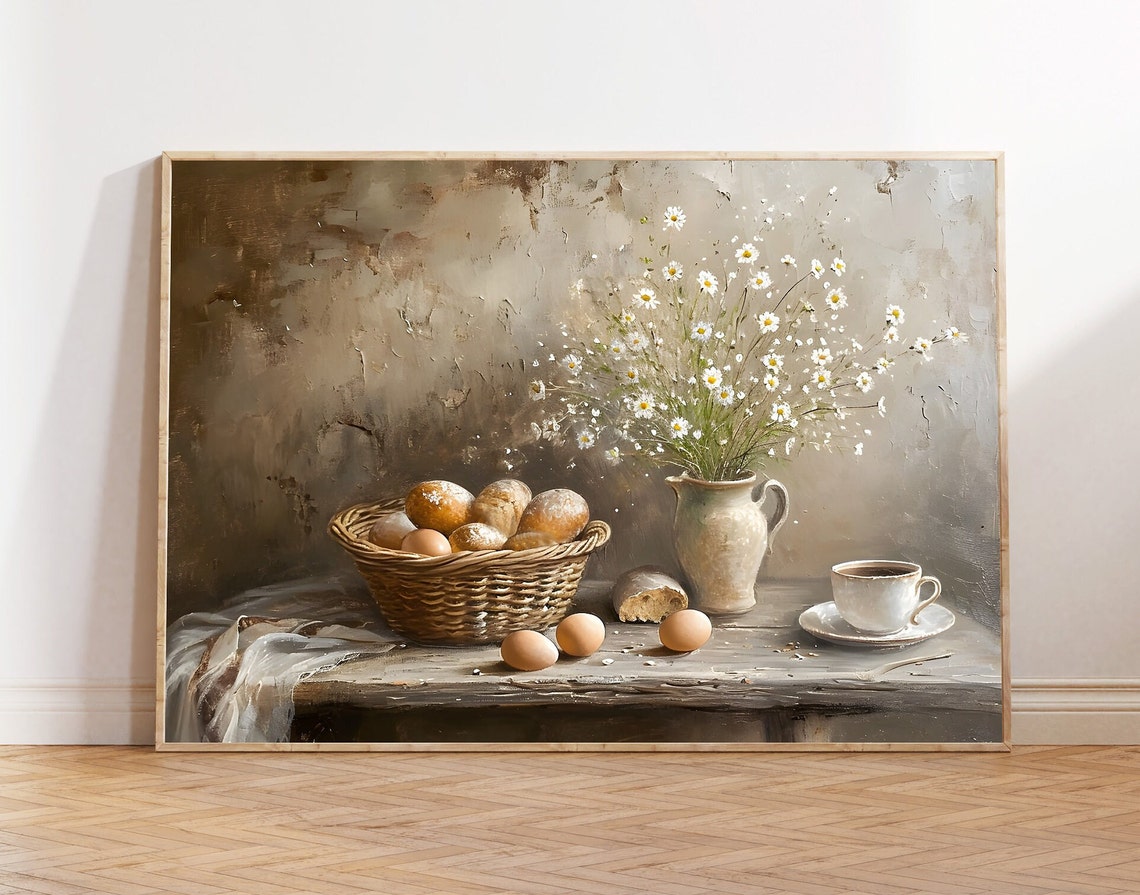 Farmhouse Breakfast Still Life Painting Eggs Daisies Rustic Art Poster
